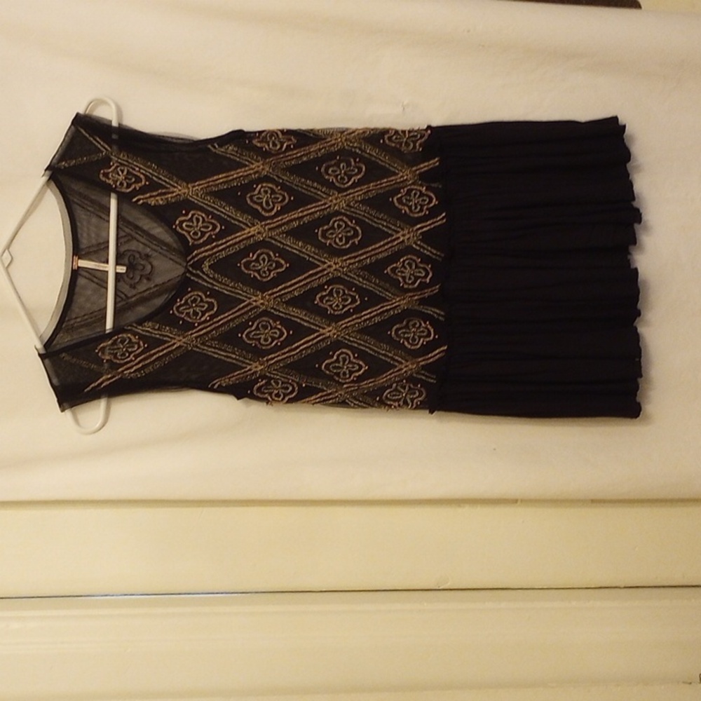 Free People beaded, sequin black top, Medium, beading is gold